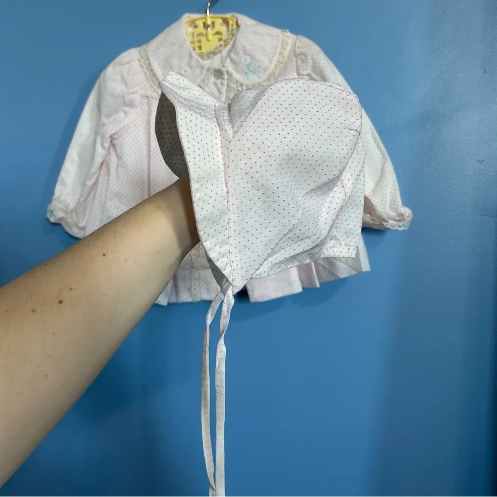 Vintage 70s 80s Tiny Tots Originals 3 piece set pink coat dress bonnet toddler